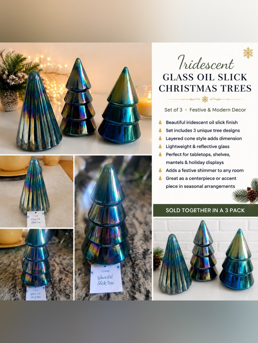 Set of 3 Iridescent Glass Oil Slick Christmas Trees Tabletop Decor NWT